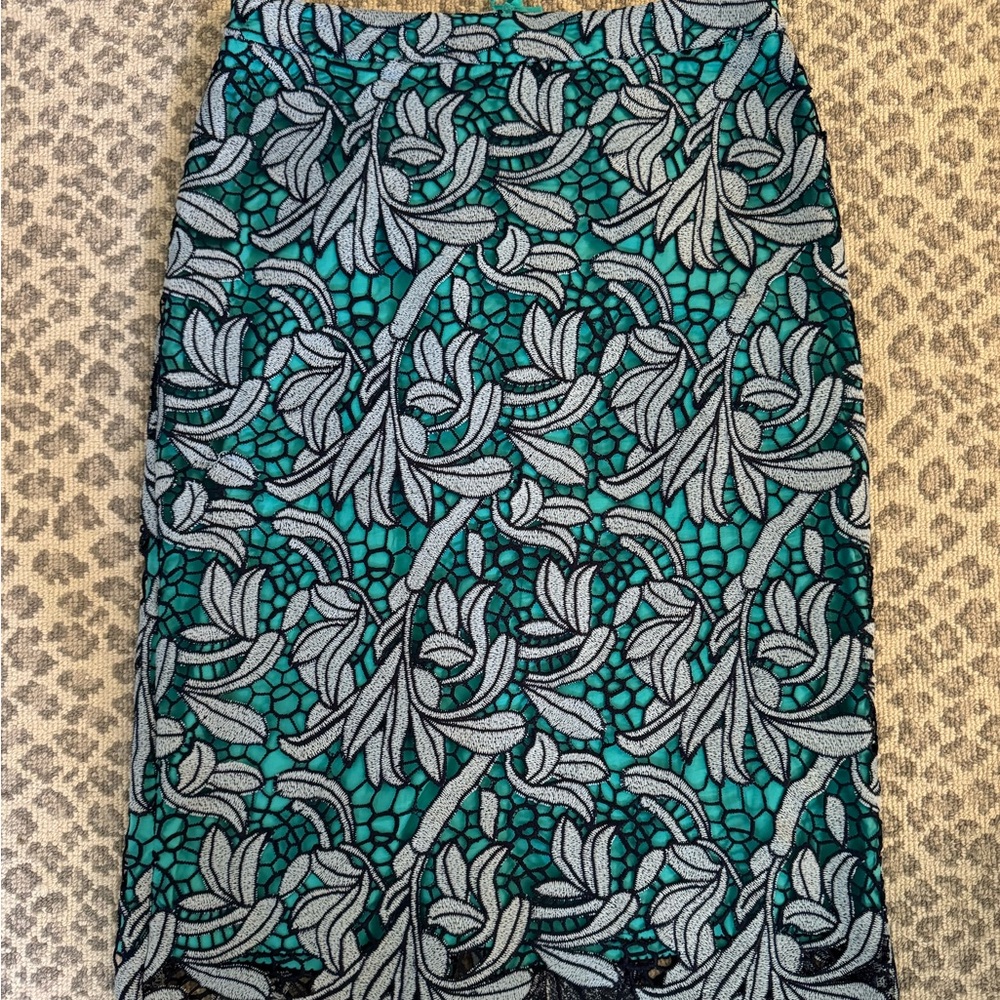 Anthropologie Maeve Eyelet Green and Blue Lace Pencil Skirt | 4